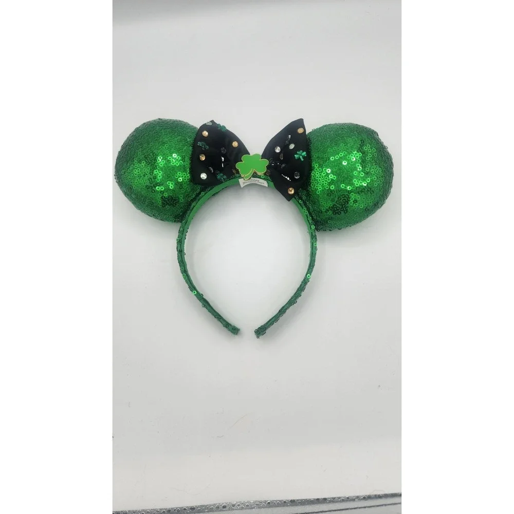 Disney Minnie Mouse Ears Headband Green and Black Sequins St Patrick's Day EUC